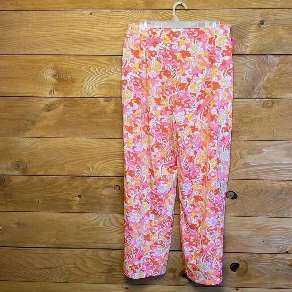 Shein Floral Print Pants Women's Size 12 Pink Orange Yellow Retro Style‎
